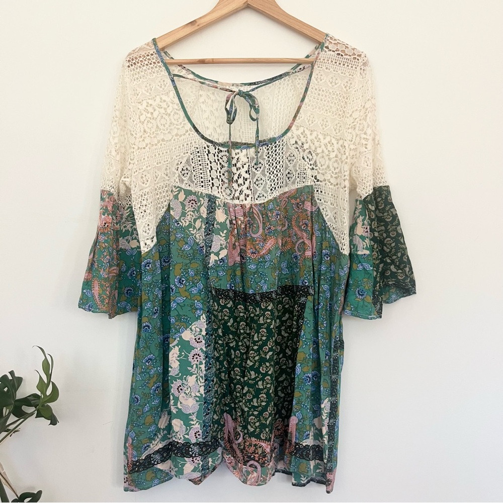 Umgee Bohemian Patchwork Blouse With Crochet Lace… - image 3